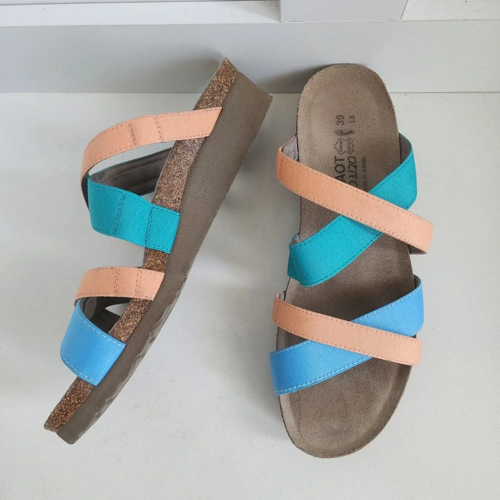 Naot Roxanna Strappy Cork Wedge Sandals Blue Teal Peach Size 39 / W 8-8.5